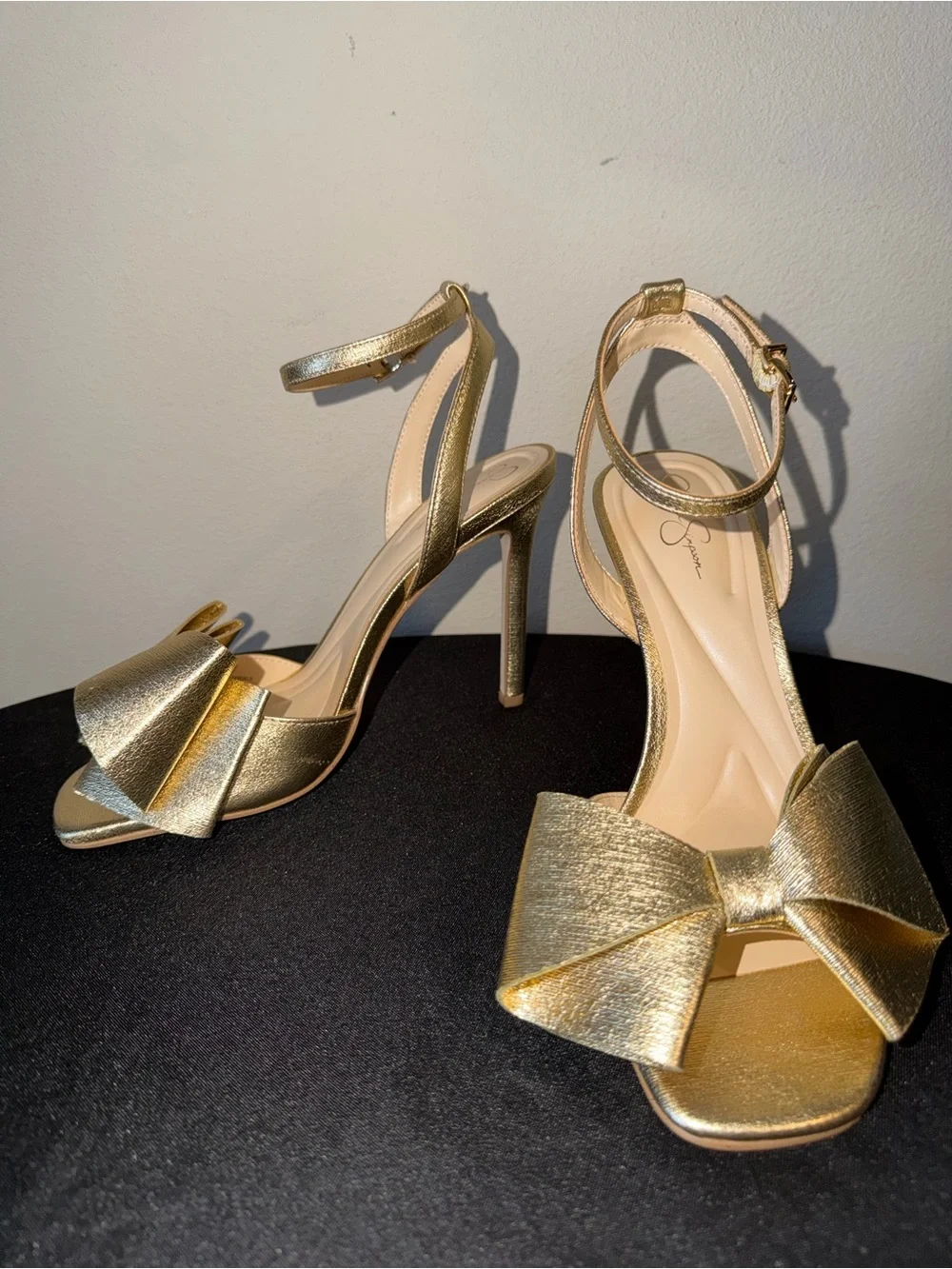 Jessica Simpson “Olivine” Gold Bow Ankle-Strap High Heels